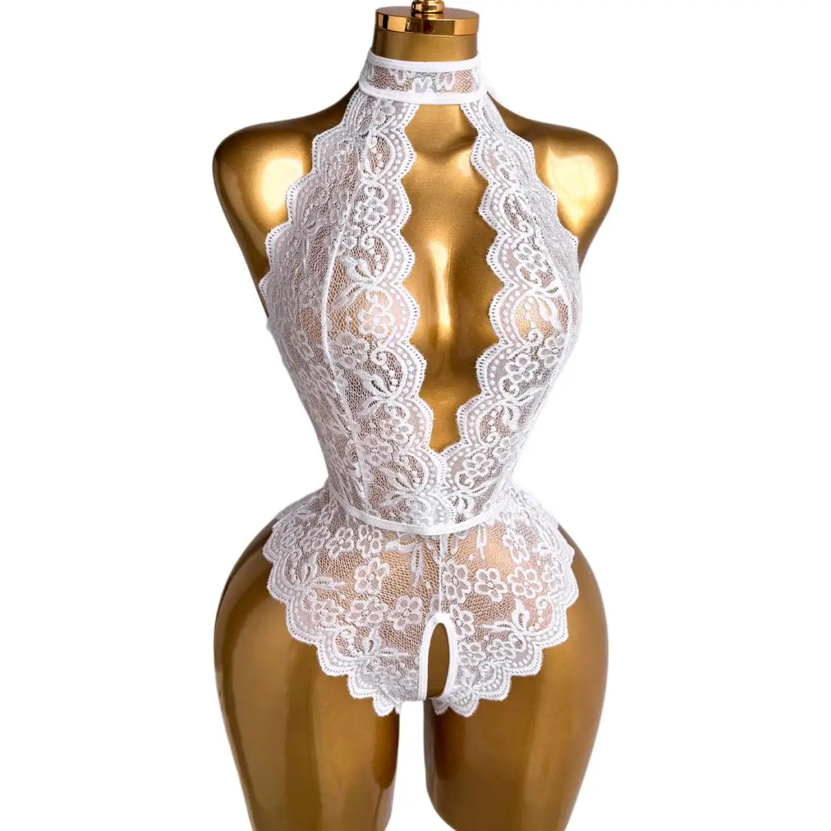 Women Romantic Halter Floral Lace Bodysuit Open Crotch Sheer Lingerie Sexy See Through Teddy Deep V Backless Slim Fit Nightwear