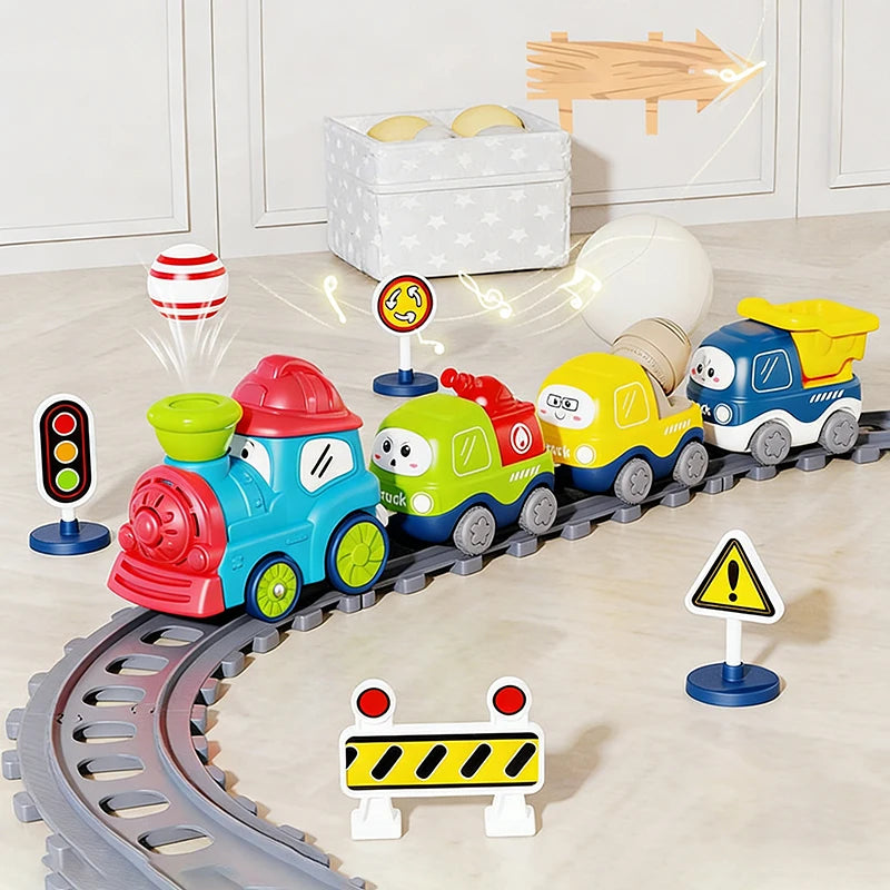 Steam Train Track Toys Electric Magnetic Blow Balls Cartoon Spray Car Models Sound Light Engineering Vehicles Children Toy Gifts