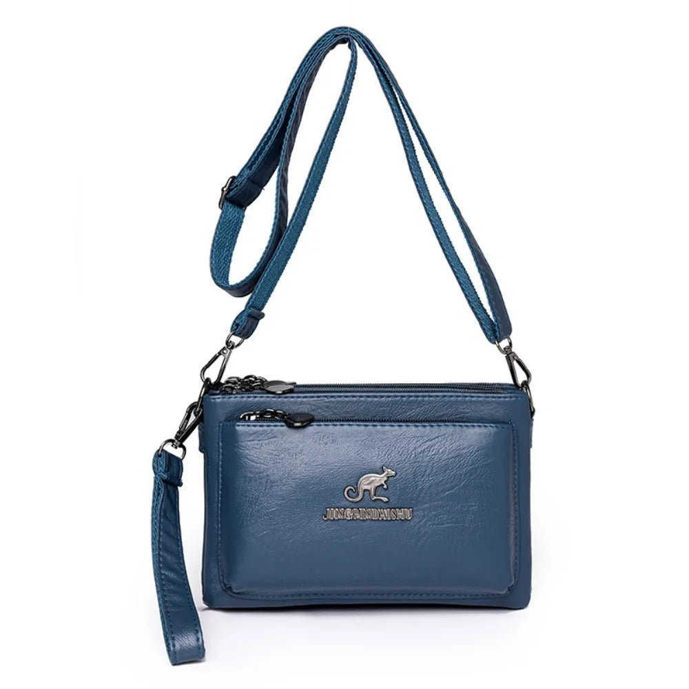 Soft Multiple Zip Pockets Shoulder Bag Waterproof Large Capacity PU Leather Crossbody Bag Simple Solid Color Square Phone Bag
