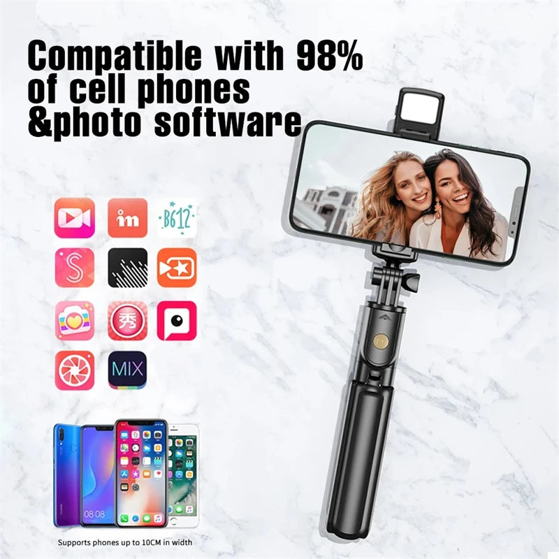 Portable Bluetooth Selfie Stick Tripod Holder with Remote Shutter Fill Light Extendable Wireless Remote Retractable Phone Stand