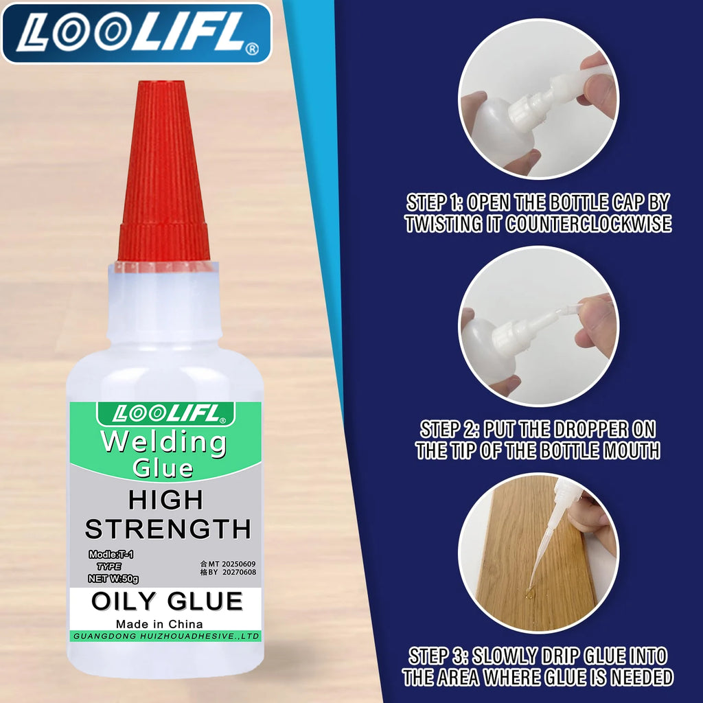 LOOLIFL 50g High Strength Oil-based Glue for Welding, Oil-based Super Glue, High Quality CA Glue - Universal Instant Adhesive for Resin Ceramics Metal Glass Wood, Complimentary Precision Dispenser.
