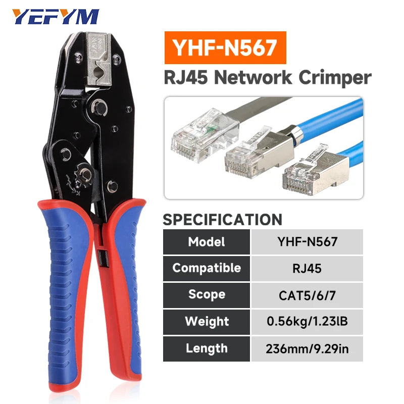 RJ45 Crimping Tool for Cat5/Cat6/Cat7 Ethernet Cables YHF-N567 Pliers Ratcheting for Precise Effortless Network Cable Crimping