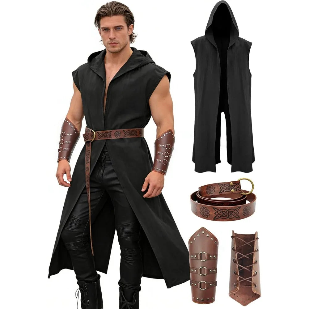 Verceco Men’s Renaissance Costume Set – Medieval/Renaissance Costume for Men with Hooded Surcoat Leather Belt & Bracers