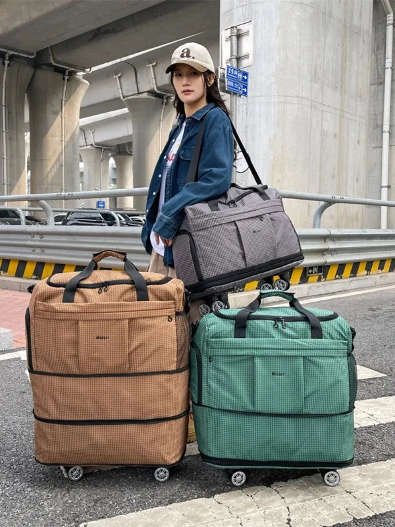 Large Capacity Double Expandable Rolling Travel Bag Oxford Foldable Wheeled Duffle Multi-purpose Commute Luggage Storage Handbag