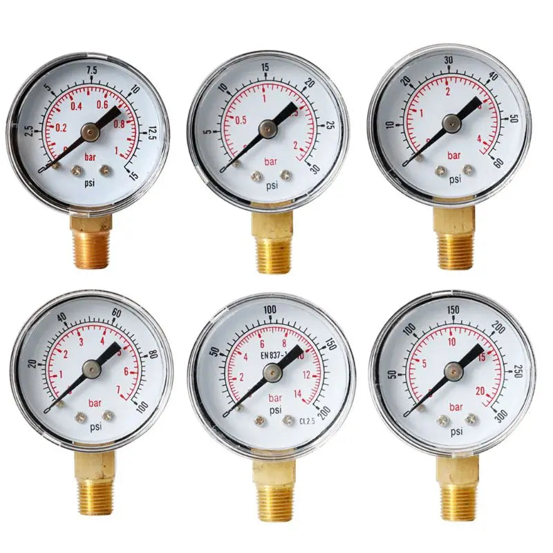 40mm Dual Scale Face Pressure Gauge 1/8" BSPT Bottom Mount 15/30/60/100/160/200/300 PSI & Bar for Air Gas Water Fuel Liquid