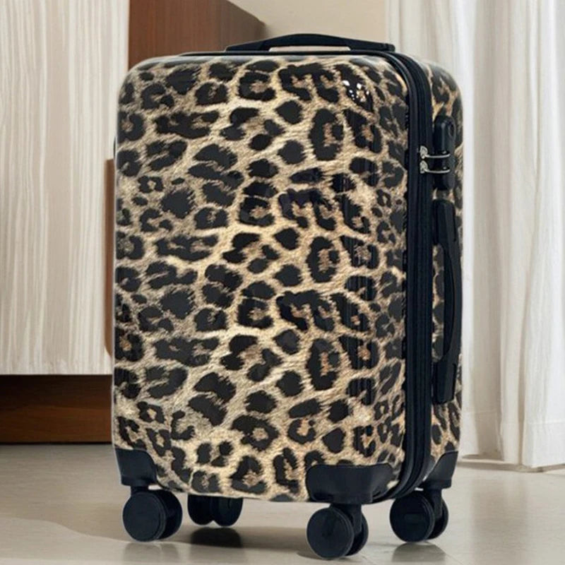 Women's Leopard Print Luggage 20 Inch - Silent Spinner Wheels Trolley Case, Fierce Animal Pattern Carry On Suitcase for Ladies