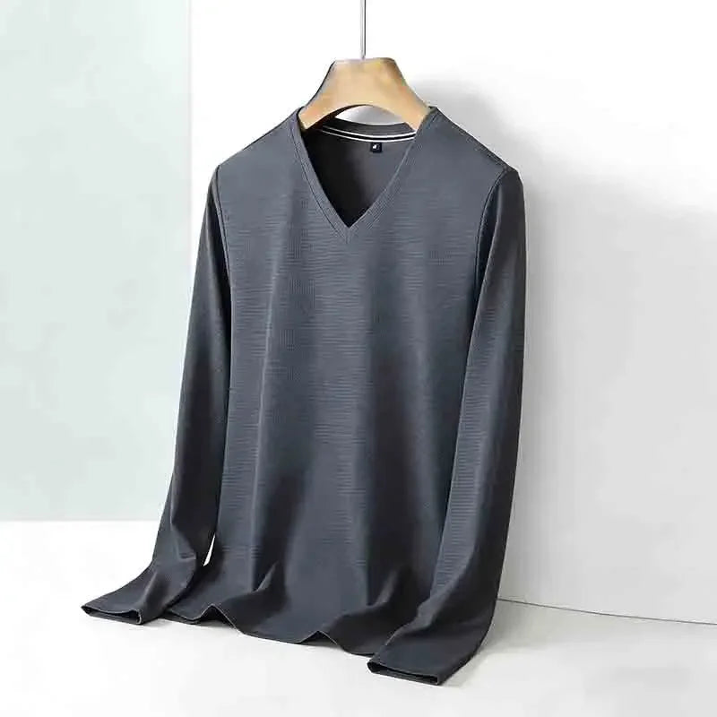 Basic Men's Light Gray V-neck Long Sleeve T-shirt Textured Fabric Casual Top for Everyday Outfits