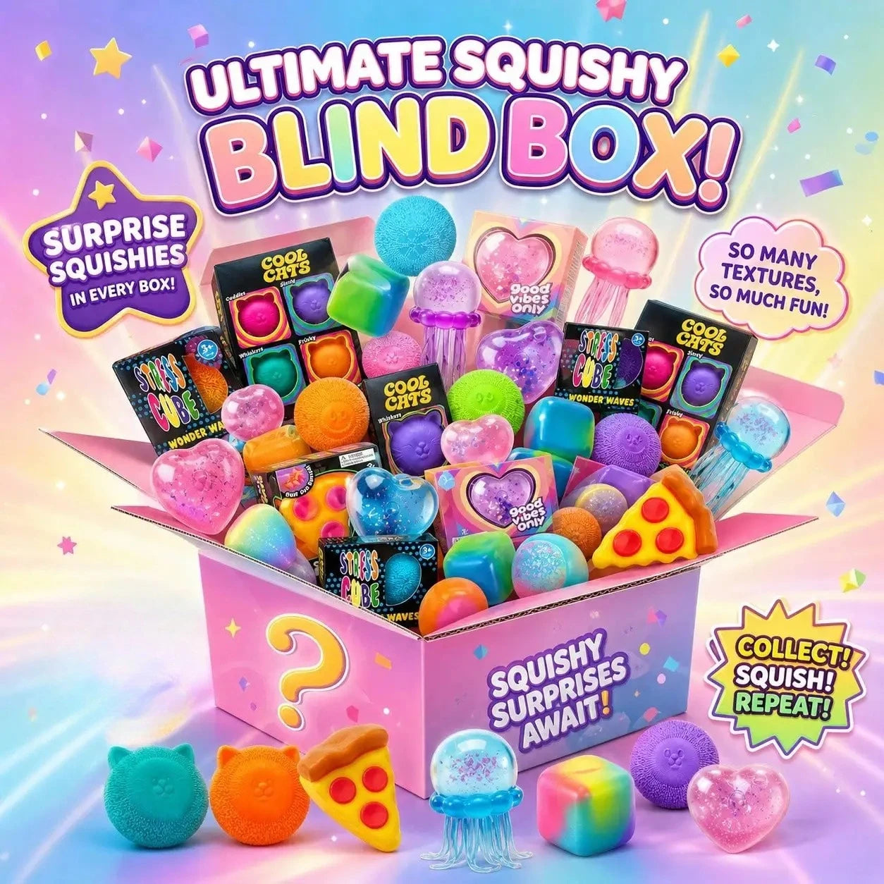 100+ Pieces Assorted Squishy Figures Blind Box Surprise Toy Slow Rising Soft Fidget Toys Featuring Moai Head Panda Rabbit Stress