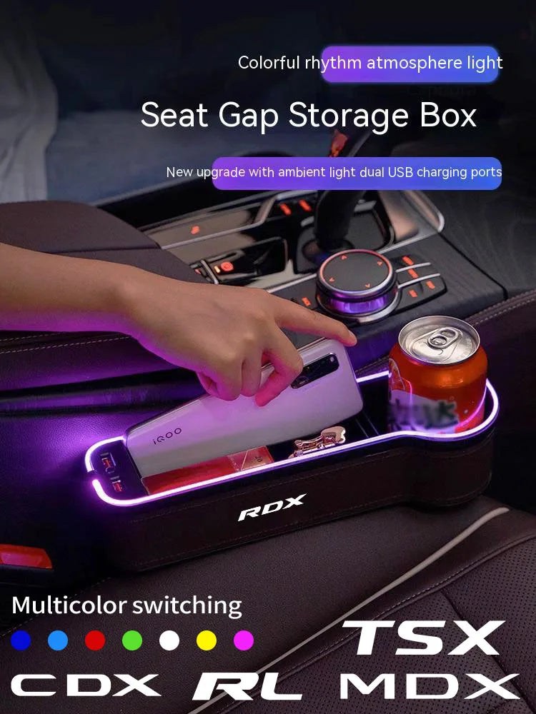 For Acura CDX MDX RDX RLX TSX ILX NSX RL TL ZDX TLX-L Car LED 7 Colors Adjustable Seat Gap Crevice Slot Storage Box Accessories