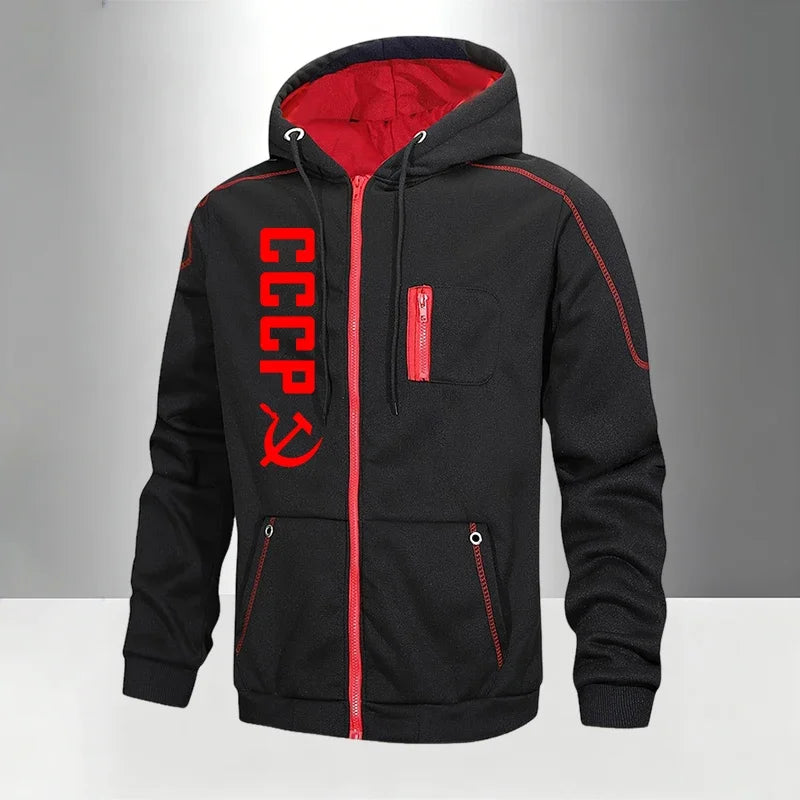 Men's Set/Coat/Pants CCCP Fashion Tracksuit Zipper Hooded Coat & Sweatpants Fall Winter Daily Casual Sports Jogger Sportswear