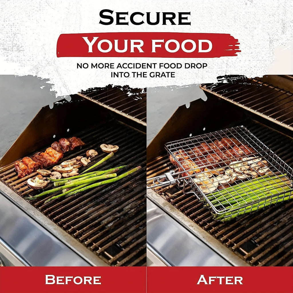 Foldable Stainless Steel BBQ Rack Thickened Grill Basket For Chicken With Large Capacity And Handle