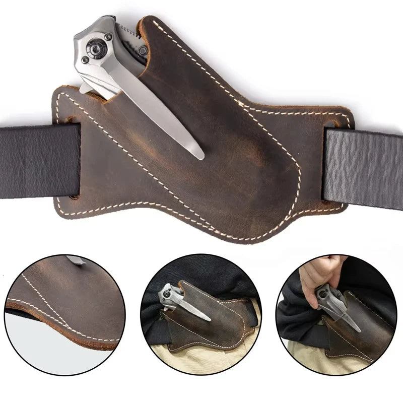 1PC Leather Knives Sheaths EDC Folding Knives Carrier Survival Waist Belt Clip Bag Folding Knife Anti-scratch Leather Cover Pack