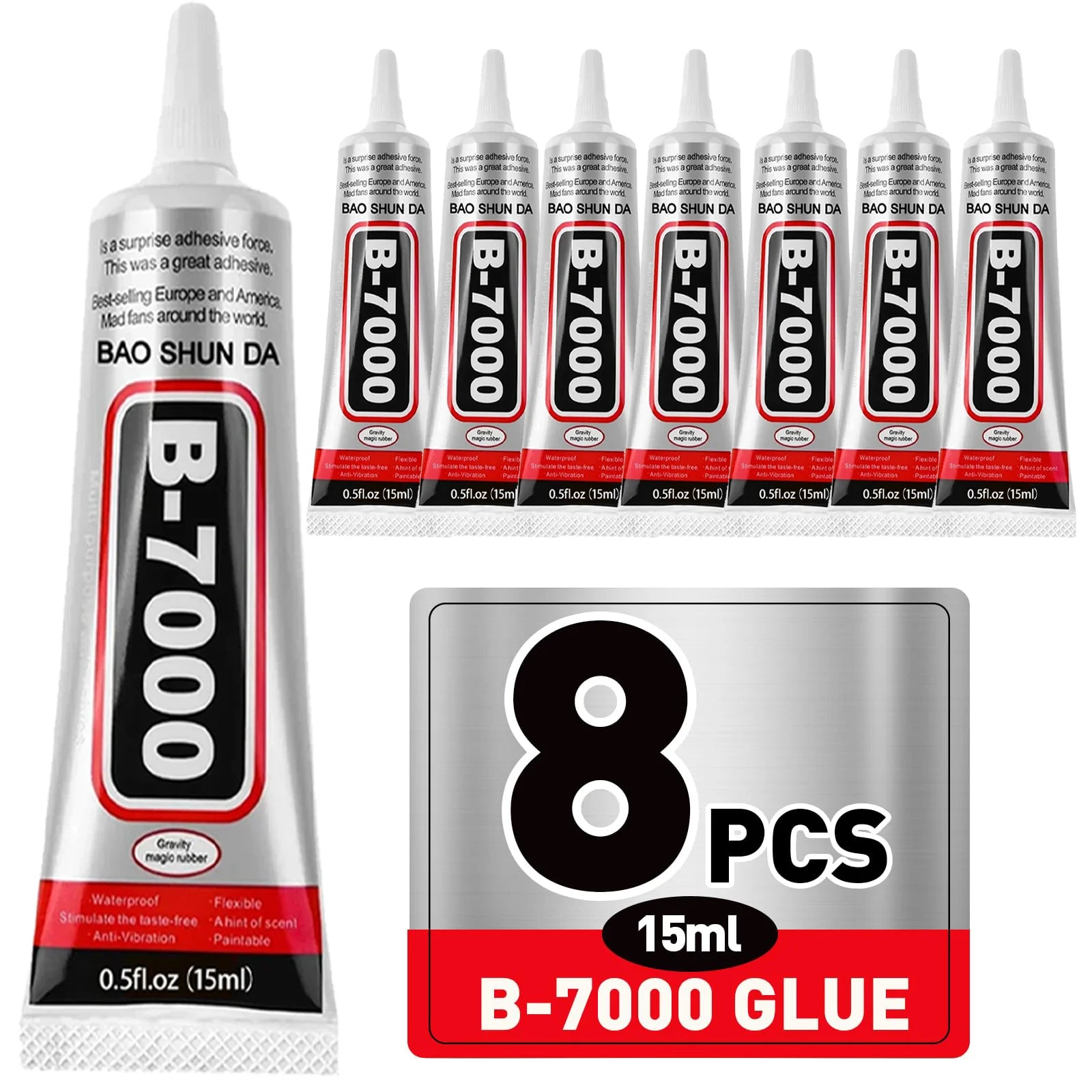 8-Pack B7000 Resin Adhesive - Waterproof Clear B-7000 Glue (15g/0.5 fl. oz.) for Jewelry, Rhinestones, and Mobile Phones