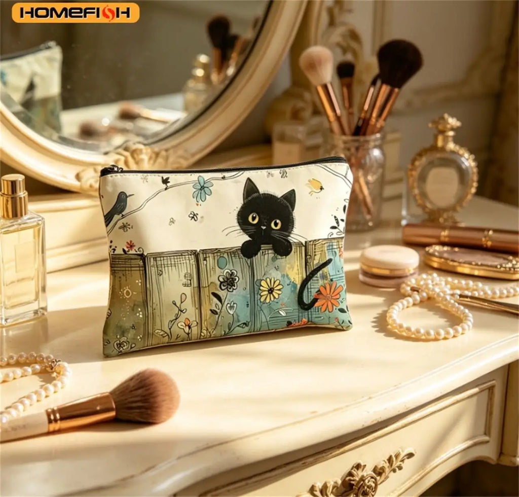 HOMEFISH Black Cat Floral Zipper Pouch - Durable, Fade-Resistant Cosmetic Bag, Gift for Sisters, Friends, Cat Lovers | Vibrant