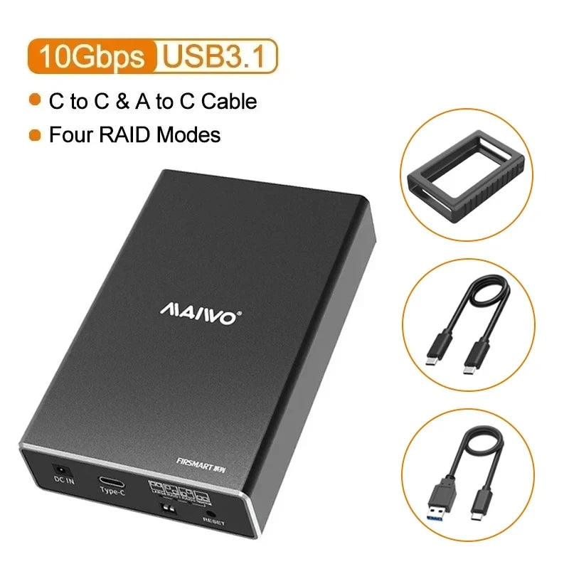 MAIWO Hard Drive Enclosure Dual Bay for 2.5'' SATA SSD/HDD Support 4 RAID Modes Gen2 10Gbps with 16TB Capacity Aluminum HDD Case