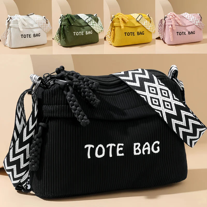 Women's Large Capacity Retro Washed Fabric Bag with Multiple Pockets, Flashy Travel Bag, Lightweight Artsy Casual Crossbody Bag