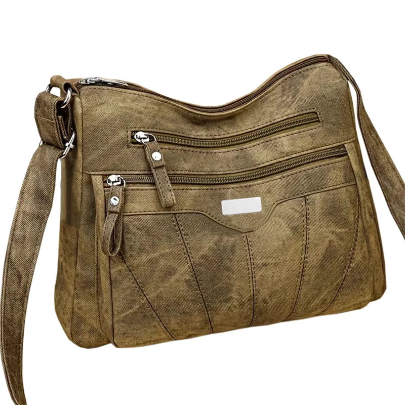 Durable Washed Faux Leather Shoulder Bag, Women's Multi‑pocket Crossbody Purse with Spacious Capacity for Everyday Life