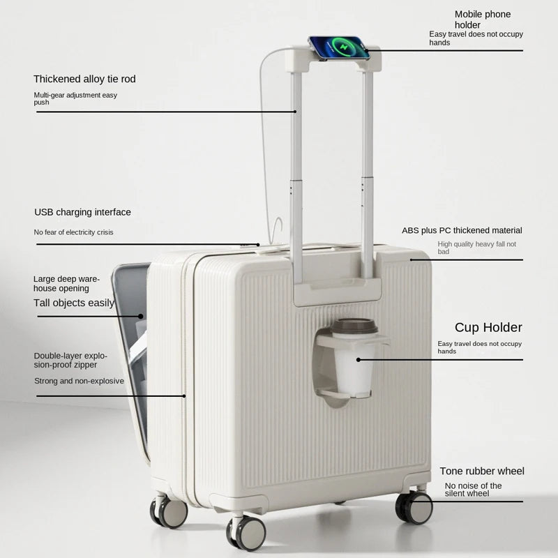 18 Inch Trolley Case With Wheels Travel Suitcase Boarding Case Mini Password Box Suitcase With Cup Holder Rolling Luggage Bag