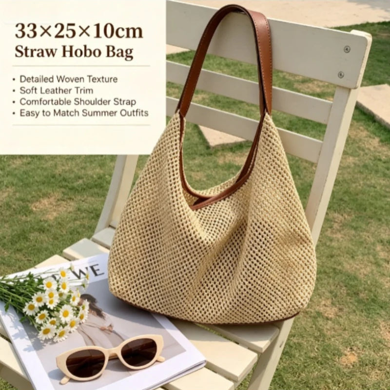Niche Vacation Style Hand Woven Bag for Women, Summer Seaside Straw Beach Tote Bag, Versatile Commute Single Shoulder Handbag