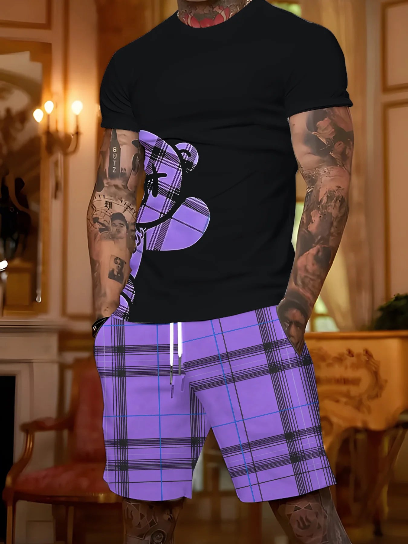 2026 Summer New Men's Short-Sleeved Shorts Set for Street Casual Fashion Comfortable Soft Breathable with 3D Bear Pattern Print