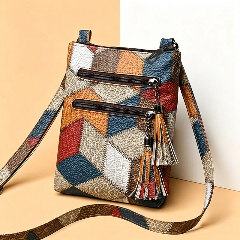 Color Block Vintage Rider Mini Crossbody Pouch Faux Leather Patchwork, Compact Sling Bag for Motorbike Outdoor Leisure Walks