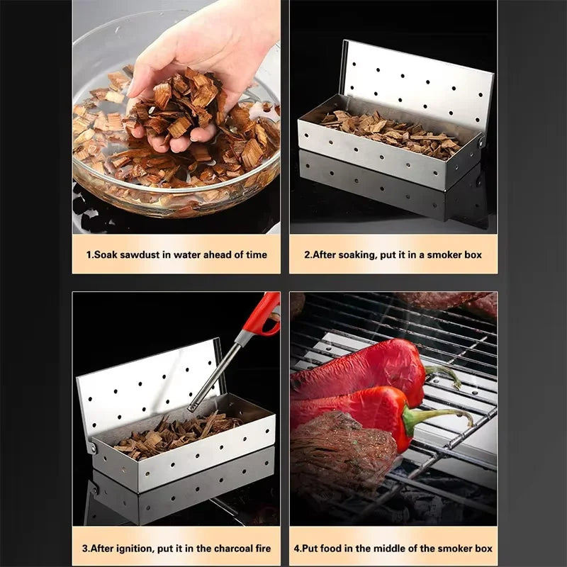 BBQ Smoker Box Stainless Steel Wood Chips Smoker Box with Hinged Lid Heavy Duty BBQ Smoke Box For Charcoal Grilling YY224