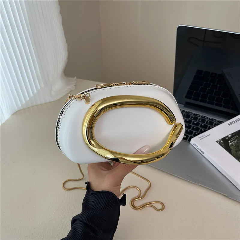 Retro Gold Metal Handle Women Clutch Bag PU Leather Chain Shoulder Crossbody Bag Mini Evening Purse for Party Wedding Daily Use
