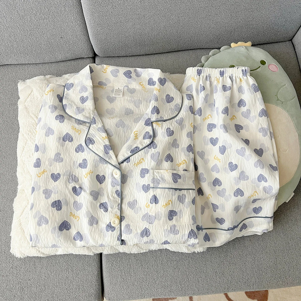 Women's Summer Thin Pajamas with Heart-Shaped Pattern, Short-Sleeved Shorts, Sweet and Cute, Can Be Worn Outside in Summer, Two-Piece Home Wear Set