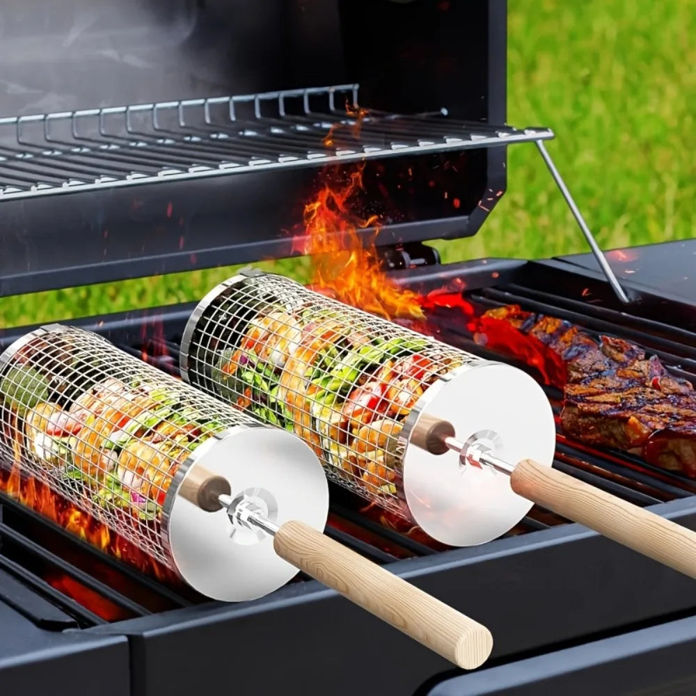 Rolling Grill Basket 304 Stainless Steel with Removable Handle Large Capacity for BBQ Camping Family Gathering Garden 1PC