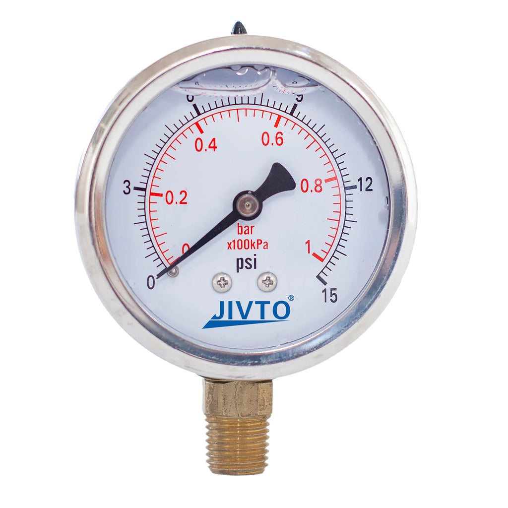 JIVTO Glycerine Filled Pressure Gauge 2.5 Inch 1/4 BSP Lower Mount 15,30,60, 100,160,200,300,400,600,3000 Psi & Bar, Shockproof