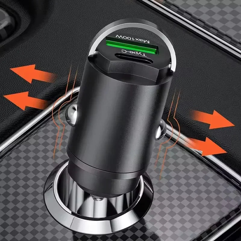 100W Mini Car Charger Fast Charging for IPhone QC3.0 Mini PD USB Type C Car Mobile Phone Charger for Xiaomi Samsung Huawei