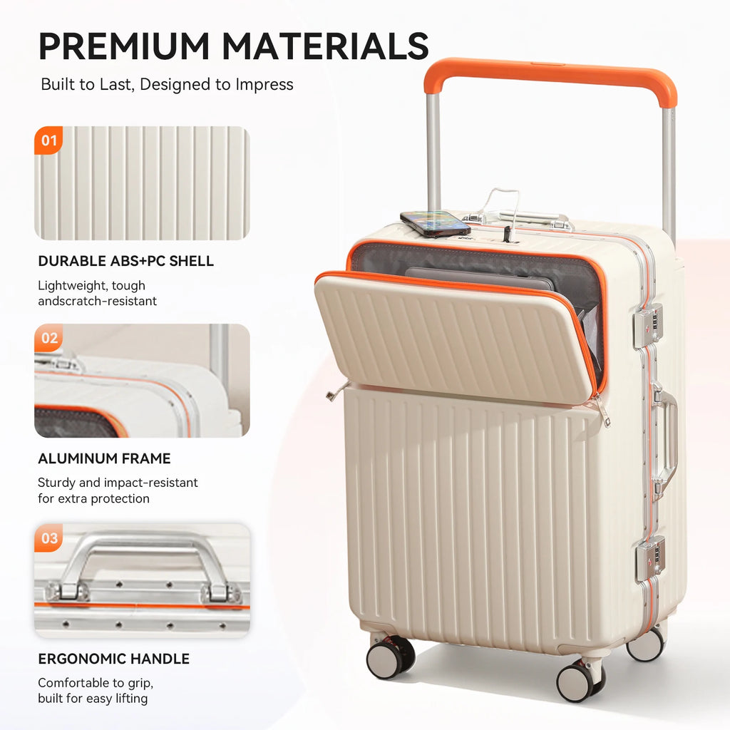 AIWEINY 20/24/26Inch Front Opening Hard Shell Luggage Aluminum Frame Wide Handle USB 360° Silent Wheels TSA Lock Business Travel