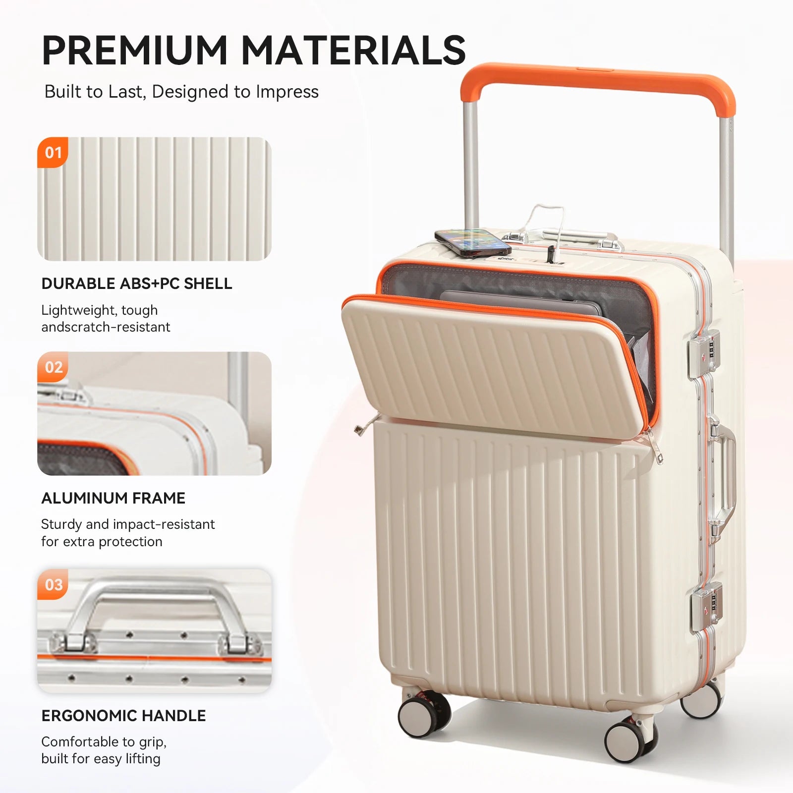 AIWEINY 20/24/26Inch Front Opening Hard Shell Luggage Aluminum Frame Wide Handle USB 360° Silent Wheels TSA Lock Business Travel