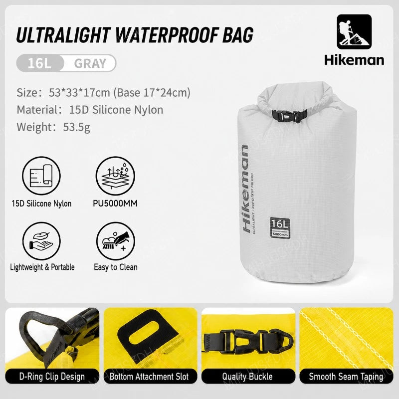 HIKEMAN Ultralight Waterproof Dry Bag Outdoor Storage Sack 15D Silicone Nylon 6L 10L 16L for Camping Hiking Travel and Swimming