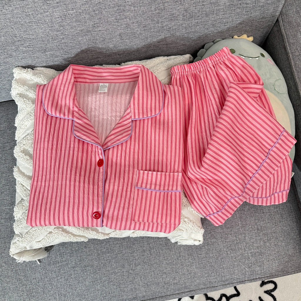 Women's Summer Pajamas, Thin Striped Pattern Short-Sleeved Shorts, Sweet and Cute, Can Be Worn Outside in Summer, Two-Piece Home Wear Set
