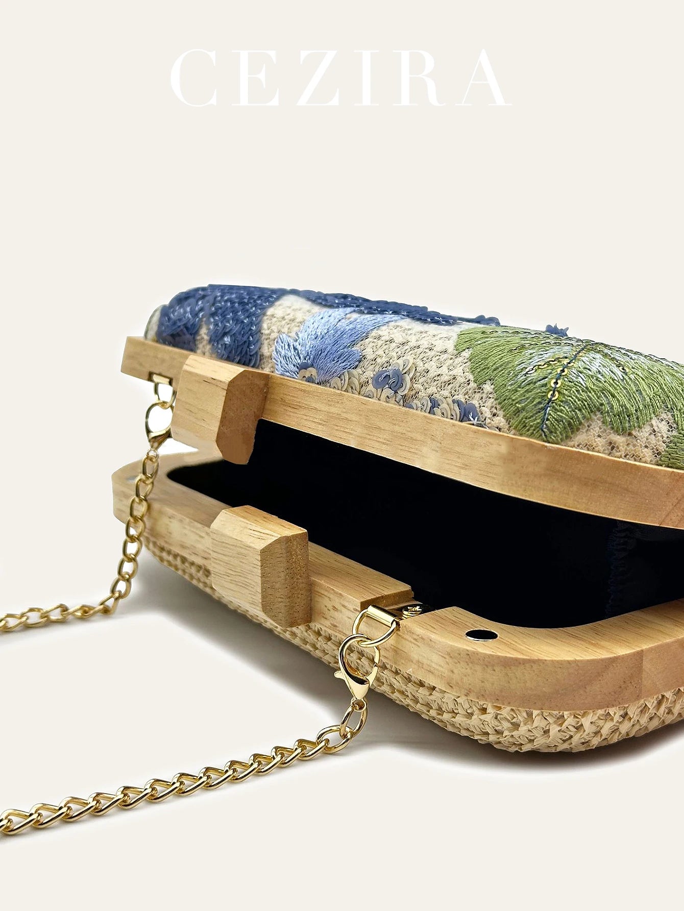Women's Fashion Wood Kiss Lock Straw Woven Handbag Random Floral Pattern Sequined Embroidery Clutch Bag Long Chain Purse Travel