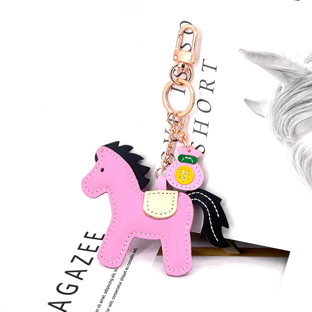 New Trendy Cow Leather Pony  Key Ring Handbag Pendant Cute Horse Keychain Luggage Bag Parts Accessories