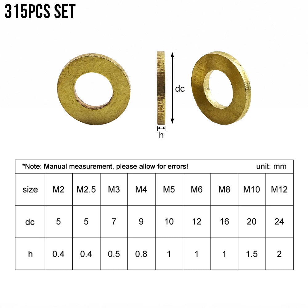NINDEJIN Brass Flat Washer Set 280/315pcs M2-M12 Metric Brass Plain Washer Flat Gasket Fastener Pure Copper Ring for Screw Bolt