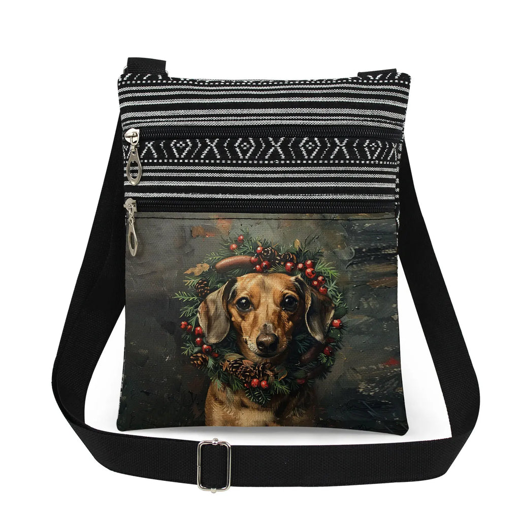 Cute Dachshund Print Crossbody Bag Female Floral Animal Shoulder Bags Fashion Outdoor Portable Double Zipper Lady Messenger Bag