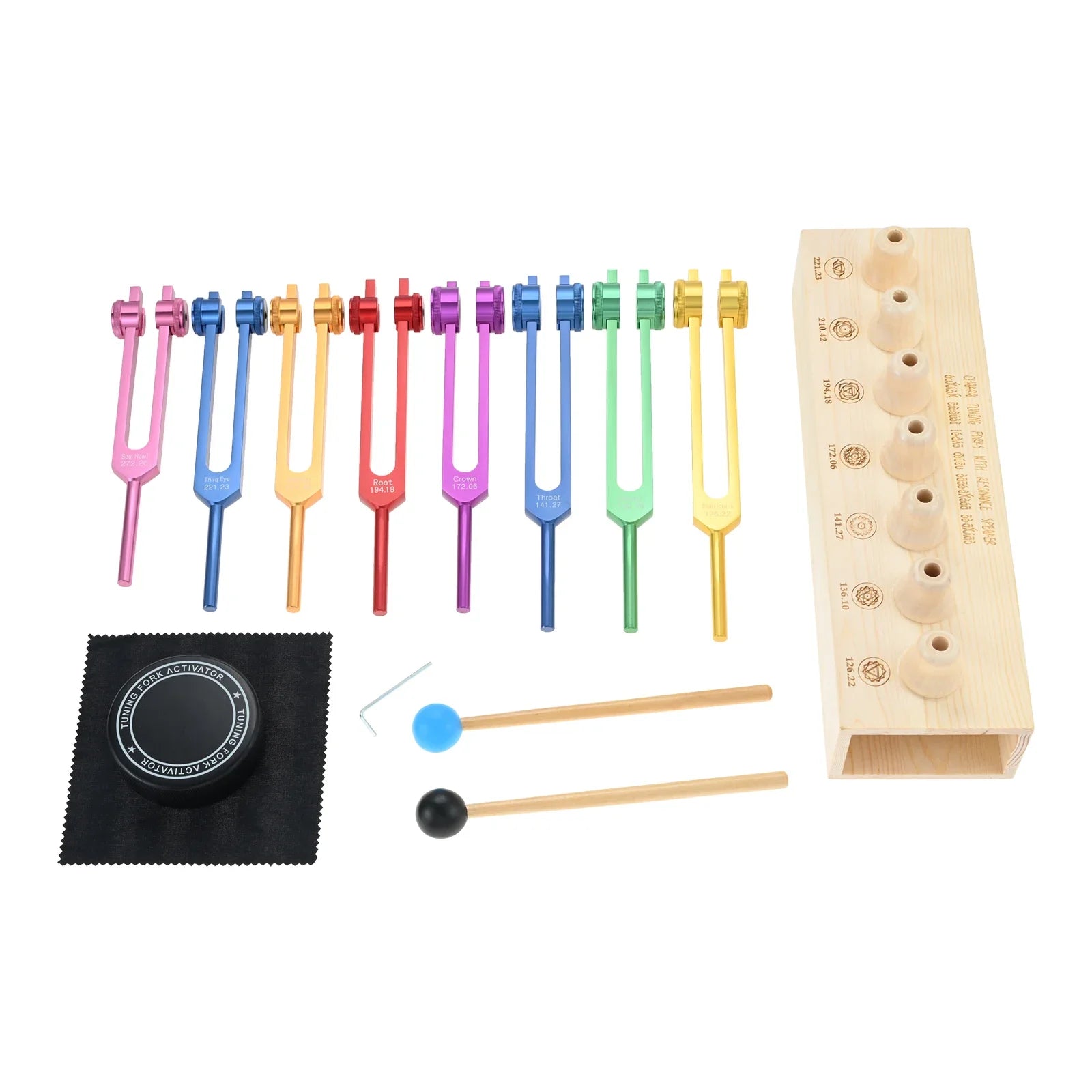 8pcs Chakra Tuning Forks 126.22/136.1/141.27/172.06/194.18/210.42/221.23/272.2Hz Wood Stands Activator Hammer Valise Gift Box