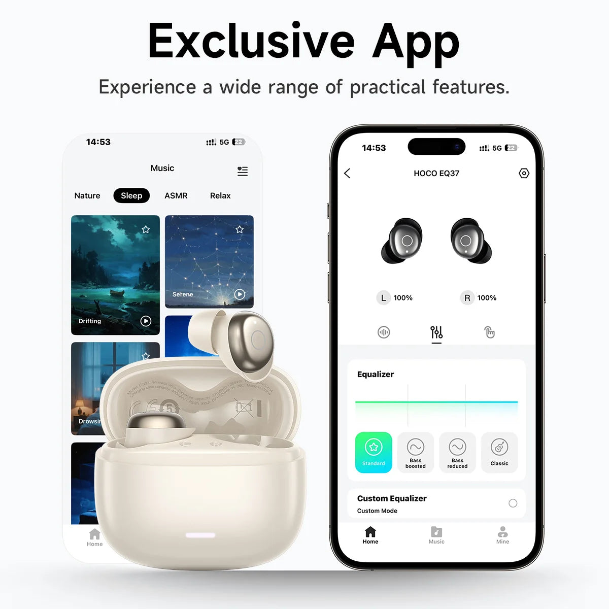 HOCO EQ37 ANC Noise Reductio Sleep Earphones AI Translation Headsets Bluetooth 6.0 Headphones HIifi Earbuds With APP Function
