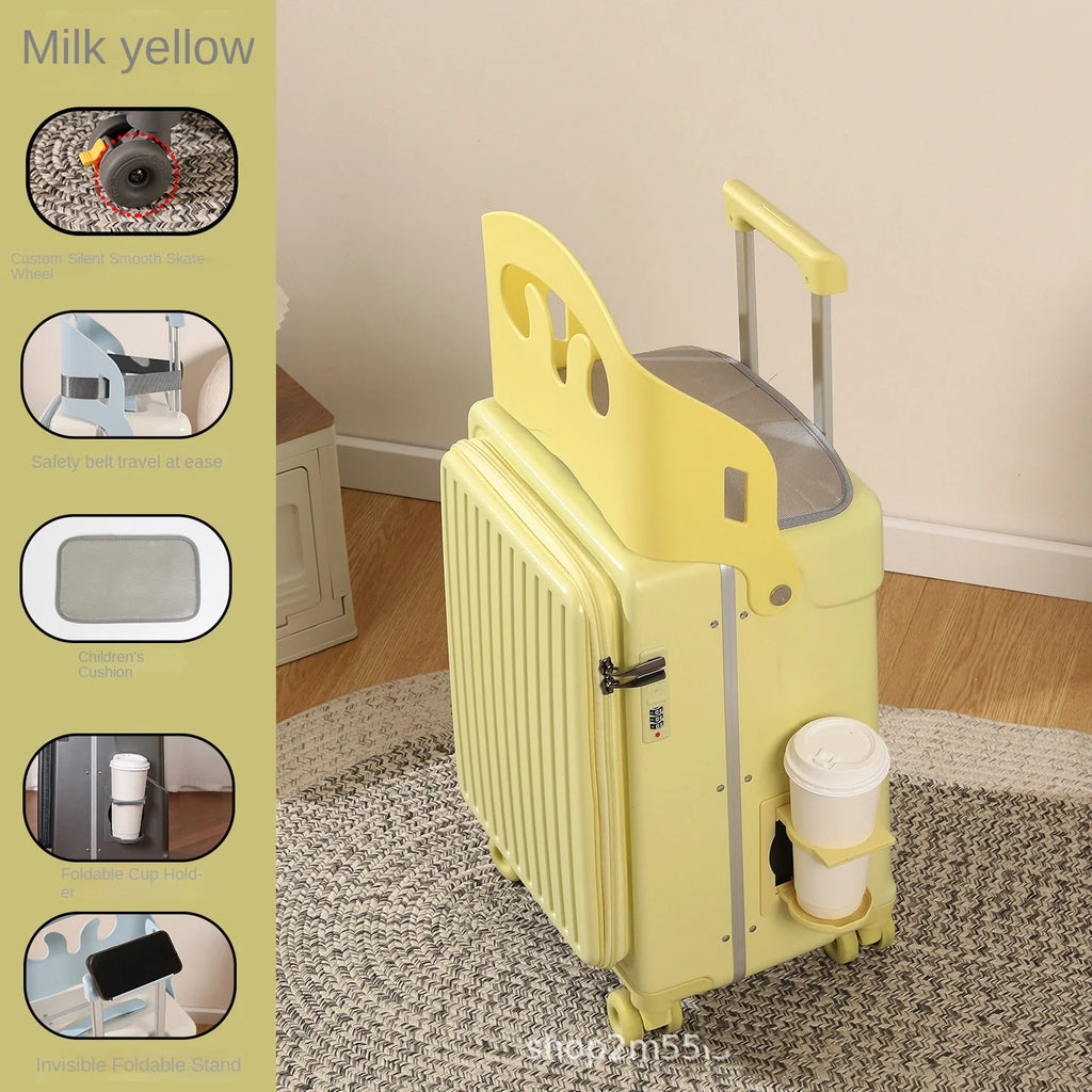 Front Opening Suitcase for Children can Sit 20/22 inch Ride on Luggage Sturdy Thickened PC Travel Suitcase with Cup Holder