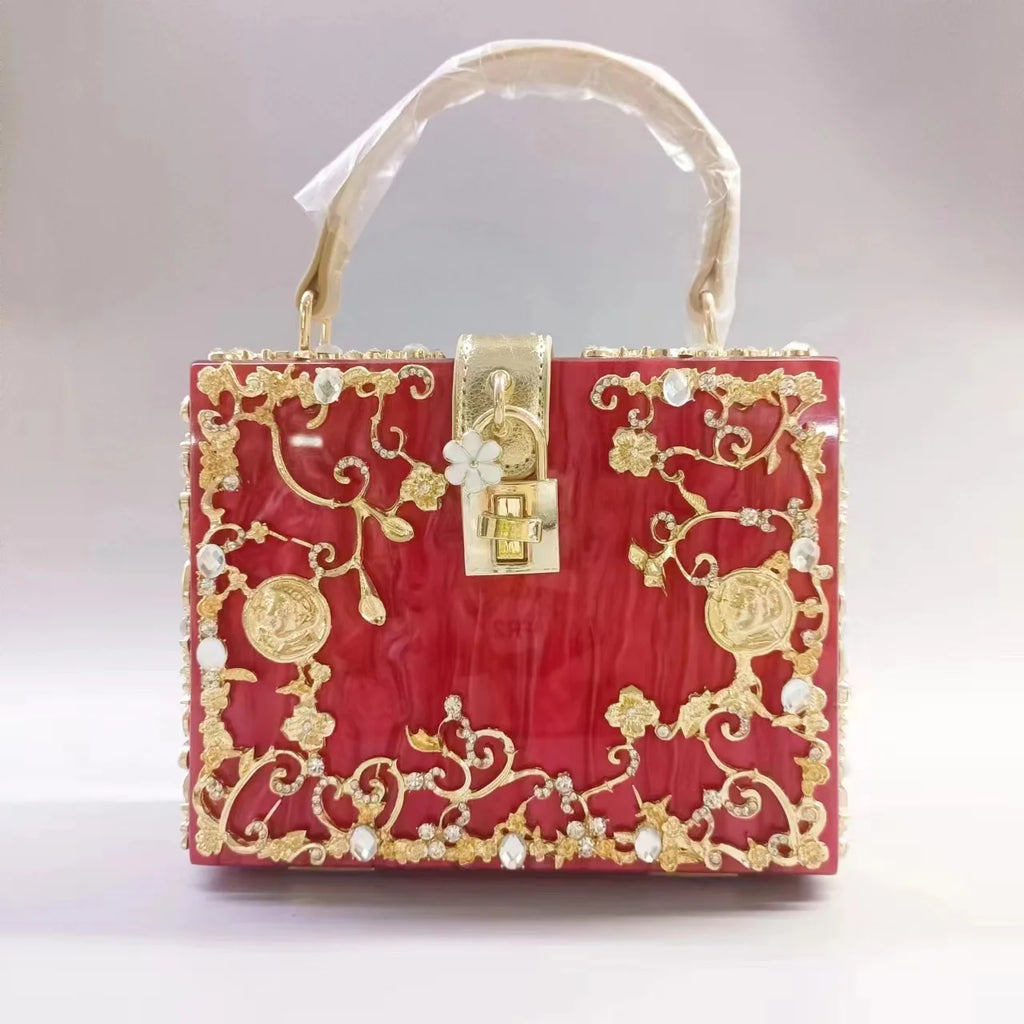 Luxury Designer Shimmer Acrylic Box Glitter Rhinestones Diamond Evening Bag Wedding Party Clutch Purse Shoulder Messenger Bag