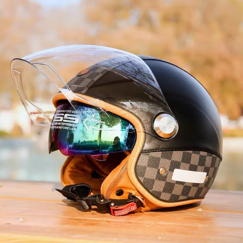 Open Face Helmet Vintage Leather Motorcycle Helmets Double Visor DOT Approved Retro 3/4 Jet Half Helmet with Inner Lens