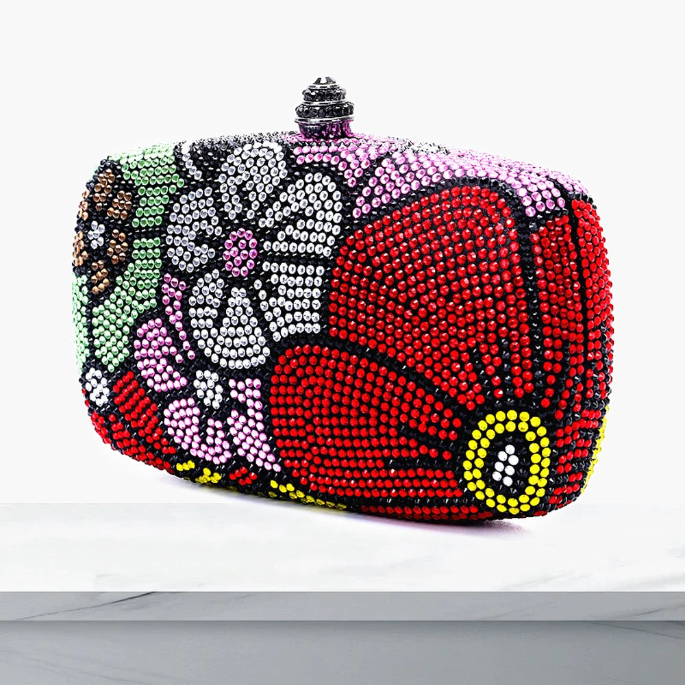 Women's Multi-Flower Rhinestone Clutch Luxury Diamond Wedding Purse Crystal Dinner Handbag Designer Party Stones Minaudiere Bag