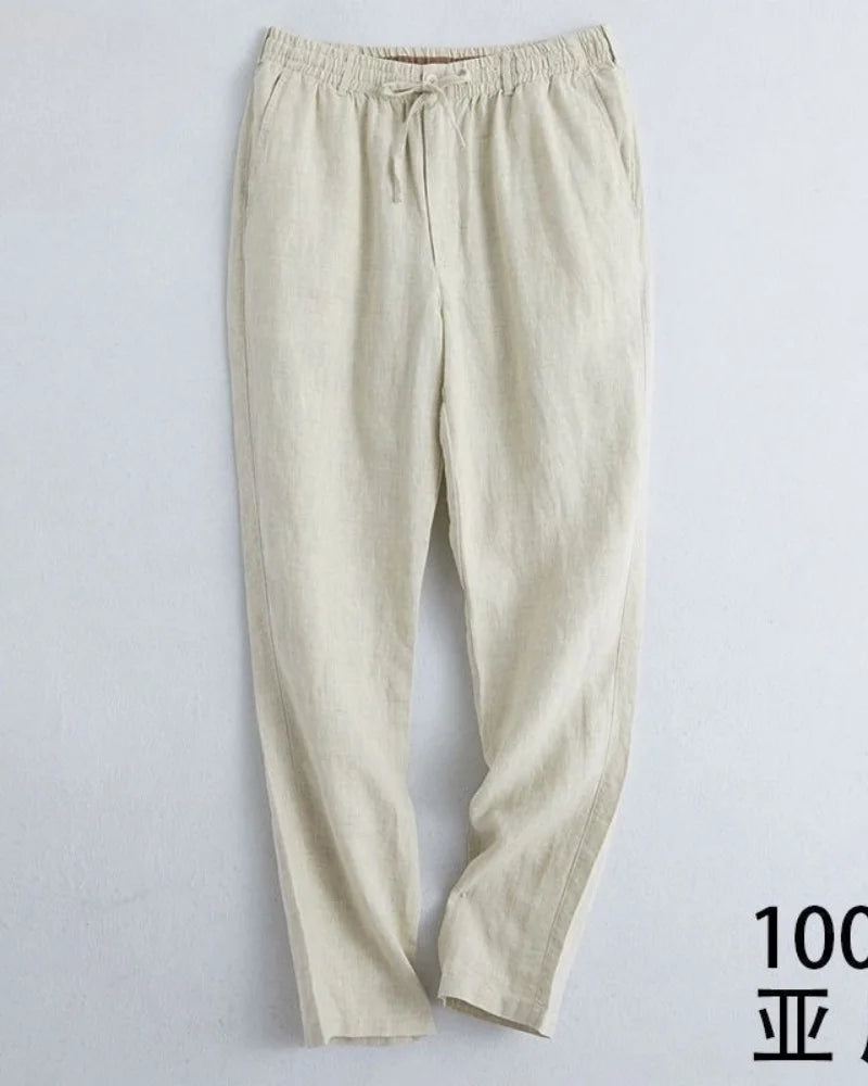 Men's Cotton Linen Solid Color Casual Pants with Elastic Waist Street Wear Jogging Loose Sports Pants