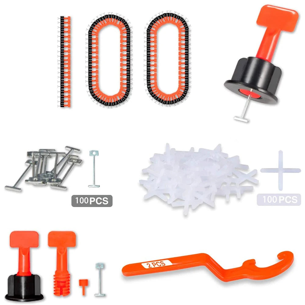 Reusable tile leveling system, 100 tile leveler gaskets, 100 2mm tile gaskets, 2 wrenches and 100 replaceable spare steel pins