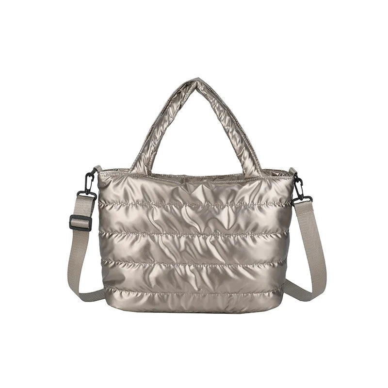 Puffer Quilted Tote Crossbody Bag Adjustable Wide Shoulder Strap Large Capacity Satin Down Handbag for Women Daily Use Commute