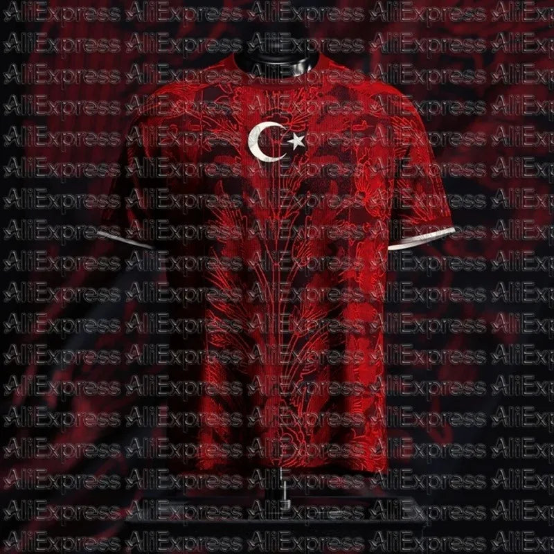 2026 Türkiye Summer Carnival Football Fans Flag Print Fans Black Red Two Color Jersey Adult Children Round Neck Fashion T-shirt