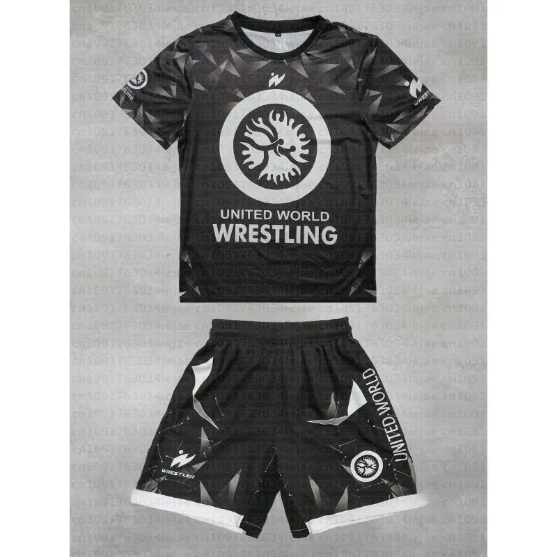 2026 New Summer Men Kid United World Wrestling Sportswear Set Short Sleeve T Shirt and Shorts for MMA Training Lightweight